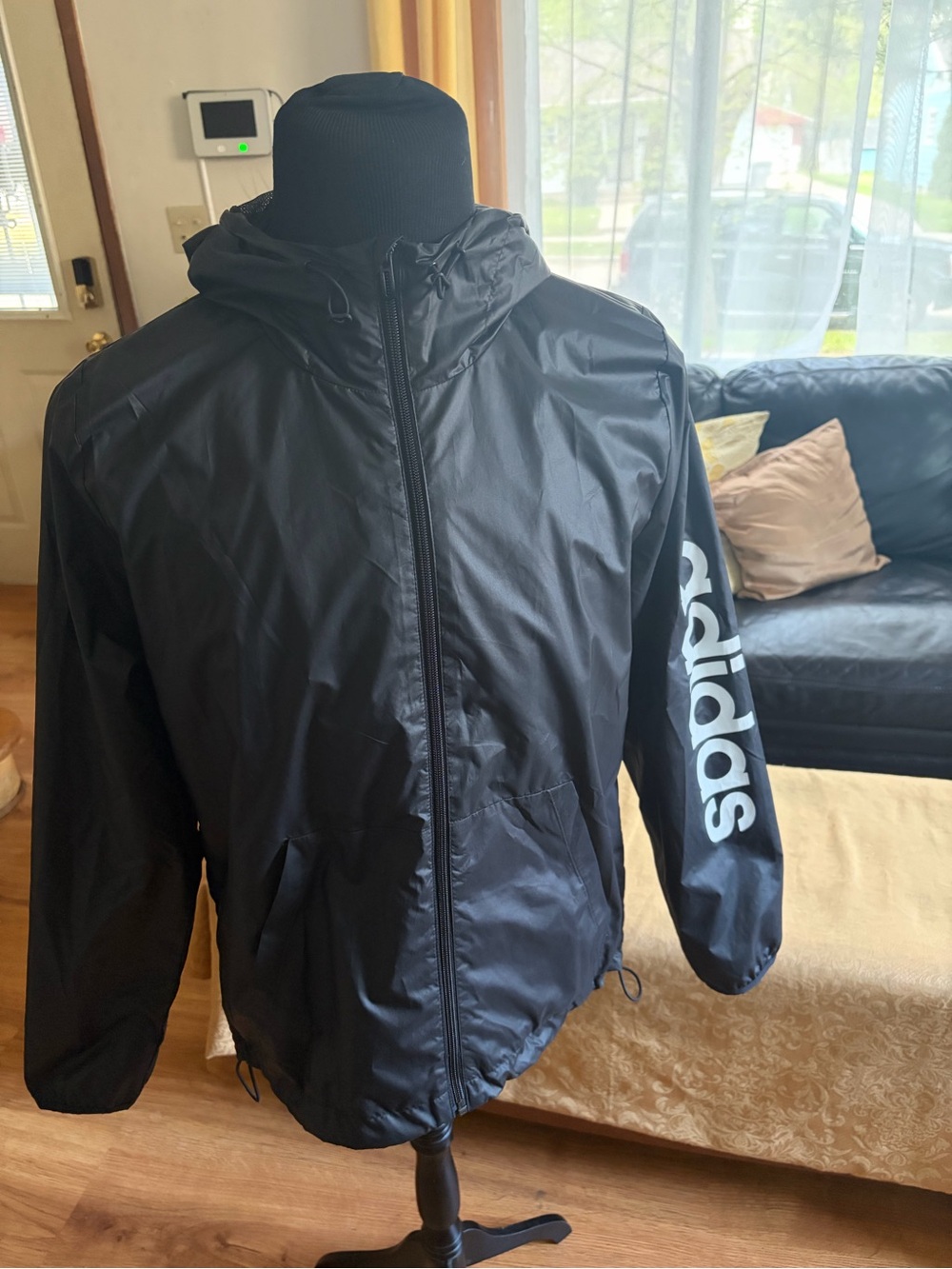adidas Black Hooded Windbreaker with Sleeve Logo